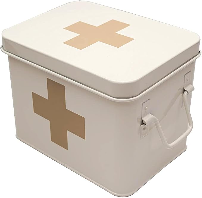 Lassos Boutique Retro Enameled First Aid Box for Medicine Storage and Home Decor with Lid and Removable Tray