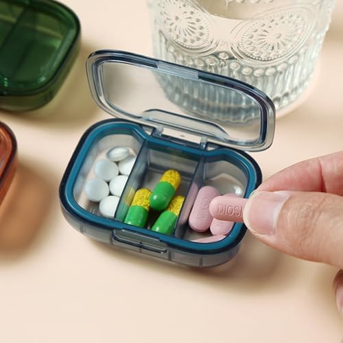 2-Pack 3-Compartment Pill Organizer, Travel Portable Medicine Box with Silicone Seal – BPA-Free Plastic, Daily Pill Case for Vitamins, Elderly, Pets (2.75x1.96x0.98in) (Blue+Green)