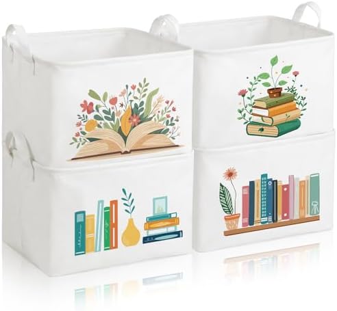 Breling 4 Pcs Book Lover Gifts Book Baskets Books Storage Bins with Handles Books Return Baskets Large Collapsible Storage Bin Box for Graduation Gift Shelf Home Office Library, 15 x 10 x 8 in