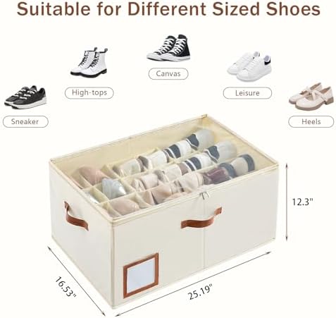 INSTY 1 Pack Shoe Organizer for Closet, Shoe Storage Organizer, Adjustable Dividers for Shoe Storage, Fabric Shoe Storage Bins with Clear Cover, Beige