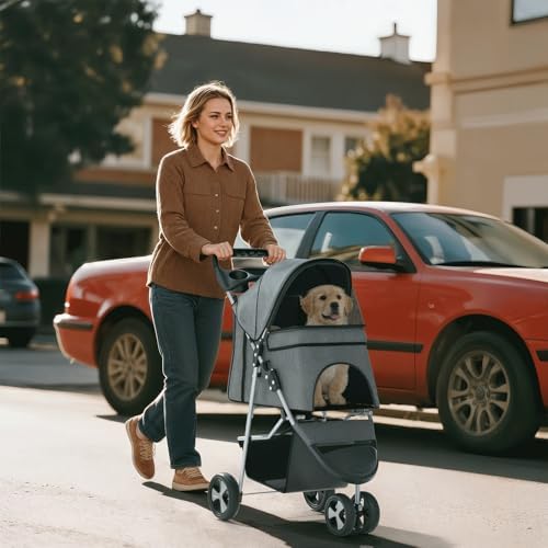 Foldable 3-Wheel Pet Stroller for Small/Medium Dogs & Cats, Grey | Storage Basket & Cup Holder, Breathable Mesh Cover, Lightweight and Durable, for Small to Medium Pets, up to 33 lbs