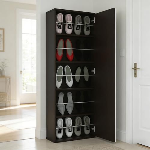 Shoe Cabinet with Mirror Modern Black Mirrored Shoe Storage Cabinet 67" Tall 5-Tier Shelves Narrow Shoe Storage Cabinet for Entryway Space Saving Furniture (Wall-Mounted, Black)