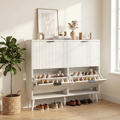 KIGOTY Narrow Shoe Storage Cabinet, Shoe Cabinet with 4 Flip Drawers, Freestanding Shoe Organizer with Legs for Entryway, Slim Shoe Rack Cabinet for Enterway (White, 4 Flip Drawer)
