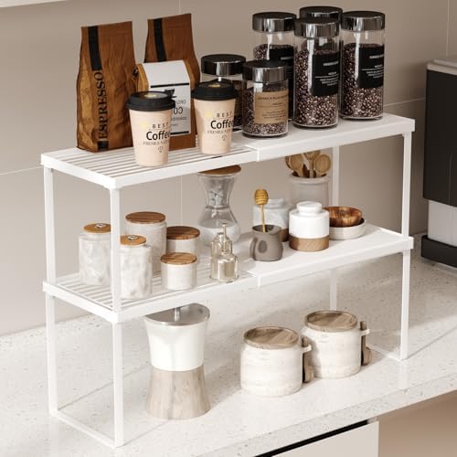 Magheo Expandable Kitchen Countertop Organizer, 2 Pack Stackable Cabinet Shelf Risers, Metal Spice Rack Heavy Duty Counter Organizer Storage for Kitchen, Pantry, Cupboard, Rv (8.7in Height,White)
