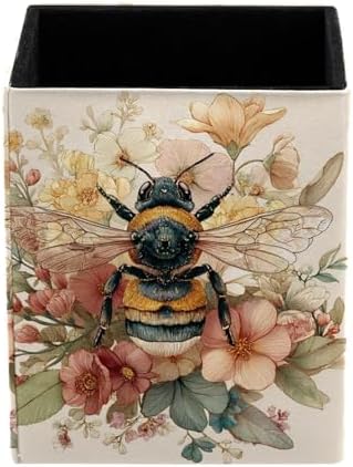 Bee Pen Holder for Desk Decor, Rectangular PVC Leather Pencil Cup for Desk Pen Organizer, Makeup Brush Holder for School, Home, Office