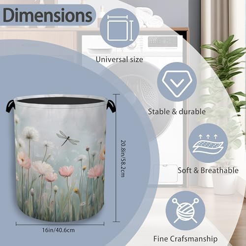 Dragonfly Laundry Hamper,Dandelion Flower Dirty Clothes Laundry Basket with Handles Waterproof Oxford Cloth Storage Basket for College Dorms Bathroom Bedroom 16" x 20.8"