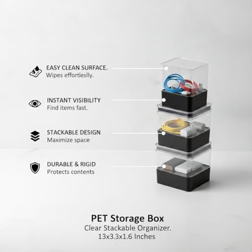 Stackable PET Storage Box, Rigid Clear Organizer for Cables & Small Items, Durable Transparent Container, 13 x 3.3 x 1.6 Inches