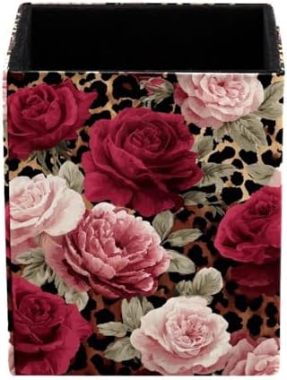 Leopard Print and Roses Pen Holder for Desk Decor, Rectangular PVC Leather Pencil Cup for Desk Pen Organizer, Makeup Brush Holder for School, Home, Office