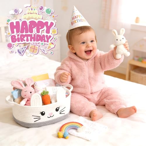 Small Woven Storage Basket with Handle, Cute Cotton Rope Bunny Baskets for Gift Empty, Storage Basket for Toy Organizer