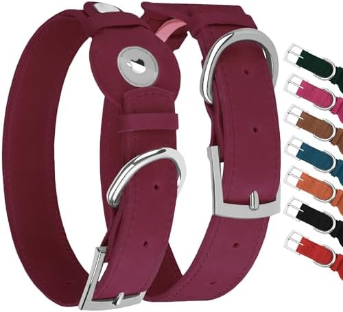 Leather Dog Collar with Airtag Holder - Apple Air Tag Dog Collars - Soft Tracking GPS Pet Collar for Small Medium Large Dogs Breed Puppy (Burgundy, L, 15"-19" Neck Fit)