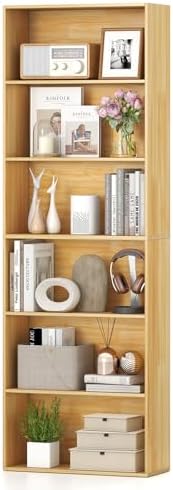 Giantex 6-Tier Bookcase, 70" Tall Wooden Bookshelf, Freestanding Storage Organizer w/Open Shelves, Anti-Tipping Kits, Modern Floor Standing Display Shelves for Living Room, Bedroom,Burlywood