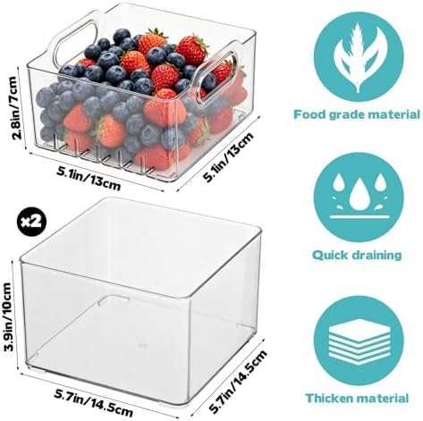 2 Pcs Transparent PET Fruit Draining, Washing Colander Food Storage Boxes, Plastic Cookie Containers, Refrigerator Organizers for Kitchen, Pantry, Vegetables, Fruits(2 Square)