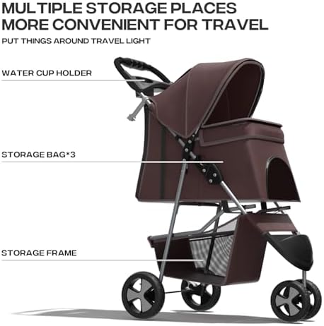 Foldable 3-Wheel Pet Stroller for Small/Medium Dogs & Cats, Coffee | Storage Basket & Cup Holder, Breathable Mesh Cover, Lightweight and Durable, for Small to Medium Pets, up to 33 lbs