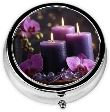 Pill Box 3 Compartment Medicine Pill Case for Pocket or Purse Mini Metal Pillcase Purple Flowers and Candles Pill Holder Vitamin Organizer Portable Travel Pills Container to Hold Supplements Vitamins