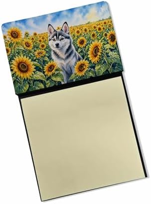 Caroline's Treasures Alaskan Klee Kai in Sunflowers Watercolor Sticky Note Holder Refillable Dispenser Desk Accessory 3x3 Pad Gift