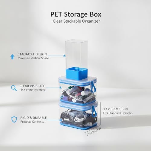 Stackable PET Storage Box, Rigid Clear Organizer for Cables & Small Items, Durable Transparent Container, 13 x 3.3 x 1.6 Inches