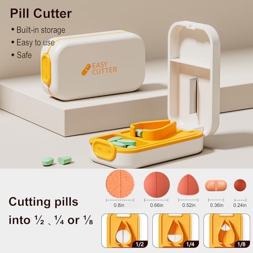 Pill Cutter | Pill Splitter for Small Large Pills | Design in The USA| Cuts Vitamins |- Adjustable Splitter+V-Shape Holder & Detachable Pad, Easy to Clean, Safe for Seniors, Kids, Pets Orange
