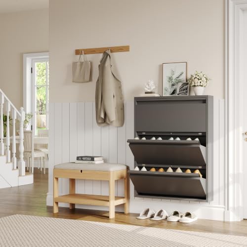 Garvee Slim Metal Shoe Cabinet with 3 Flip Drawers for Entryway, Dark Gray | Narrow Shoe Storage, Wall Mounted or Floor Standing, Detachable Bottom Corners for Flexible Placement, Anti-Tip Wall Mount
