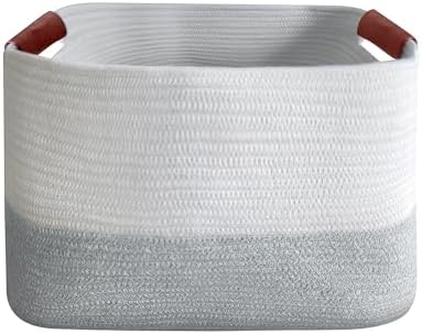 Small Cotton Rope Storage Basket with Leather Handles, 15 "L x 11.5" W x 7.5 "H, Home Decor Basket, Durable & Stylish Organizer for Home.(Small Light Gray)