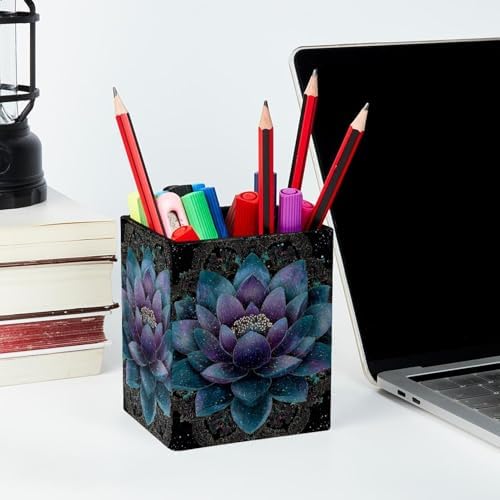 Lotus Flower Pen Holder for Desk Decor, Rectangular PVC Leather Pencil Cup for Desk Pen Organizer, Makeup Brush Holder for School, Home, Office