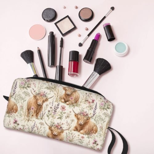 Highland Cow Wild Flowers Makeup Bag for Women | Small Travel Cosmetic Pouch with Zipper, Compact Makeup Organizer Bag for Purse, Toiletries, Skincare & Daily Essentials