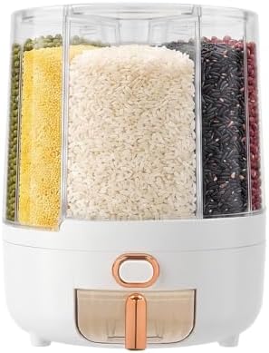 360° Rotating 6 Grid Rice & Cereal Dispenser, Dry Grain Storage Organizer | Rice Storage Container with Independent Drawer and Lid, Dry Food Dispenser for Store Rice&Various Beans, 14.33lbs Capacity