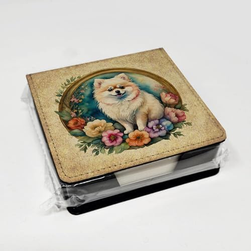 Caroline's Treasures Pomeranian and Flowers PU Leather Note Paper Holder with Artist-Designed Cover, Desk Accessory, Office Gift