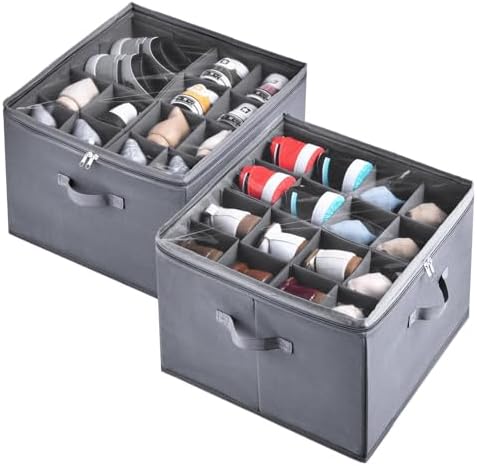 INSTY 2 Pack Shoe Organizer for Closet, Fits up to 32 Pairs, Adjustable Dividers for Shoe Storage, Fabric Shoe Storage Bins with Clear Cover, Grey