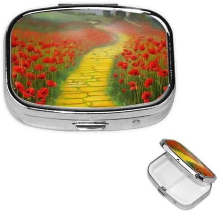 Poppies Field Yellow Brick Road Pill Box 2 Compartment Medicine Pill Organizer Square Pill Case for Purse & Pocket Travel Pillbox Portable Metal Medicine Vitamin Fish Oil Organizer Unique Gift