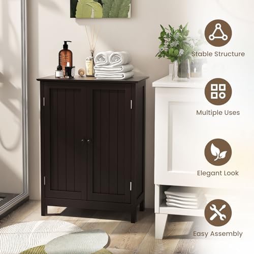 COSTWAY Bathroom Storage Cabinet, Freestanding Bathroom Organizers and Storage with Doors & Adjustable Shelf, Wooden Floor Cabinet for Home, Living Room, Entryway, Kitchen (Brown) | Storage with Doors & Adjustable Shelf, Wooden Floor Cabinet for Home, ...