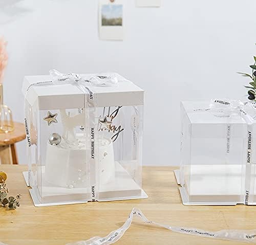 XININSUN 2Pcs Large Cake PET Clear Box, 10" X 10" X 9" with ribbon and pre-folded lid, for 8" cake packing carry, baking cookie display, Carry Tall Layer Gift, Festive Gift Box -White | pre-folded lid, for 8" cake carrier, Carry Tall Layer Gift, Festiv...