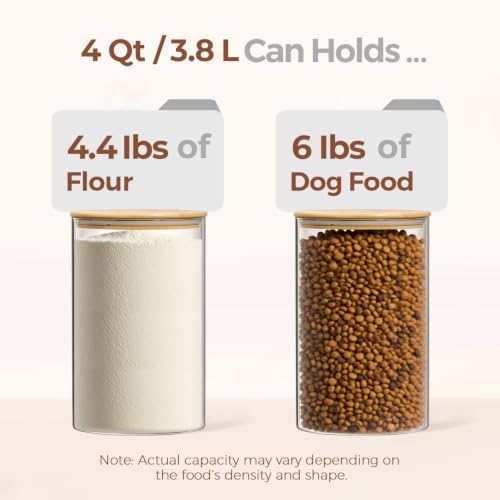 ComSaf Flour Sugar Storage Containers 4 Qt, 2 Pack Glass Flour Container | 26.6cm/10.5in Tall, Gallon Large Glass Storage Canisters, 15cm Extra Wide Mouth, Easy Clean and Scoop, 4.4lb Flour, BPA Free