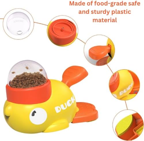 Interactive Dog Treat Dispenser Toy – Duck-Shaped Puzzle Feeder with Portion Control, Clear Dome & Airtight Lid for Small Medium Large Dogs – Slow Feeder Kibble Launcher – Yellow/Orange
