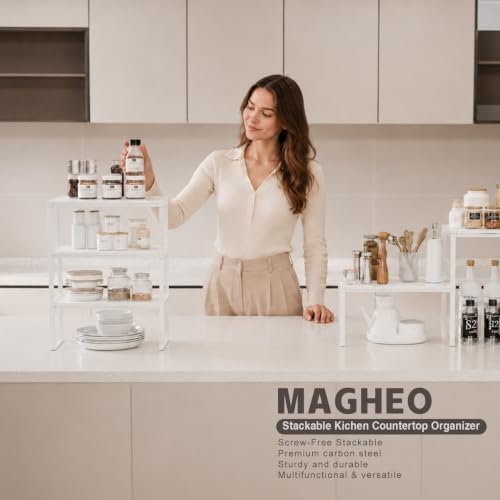 Magheo Cabinet Organizer Shelf Riser, Stackable Spice Rack for Countertop/Cabinet, Pantry Organizers and Storage, Heavy Duty Kitchen Counter Shelves for Seasonings,Bowls,Coffee Makers (3 Pack, White)