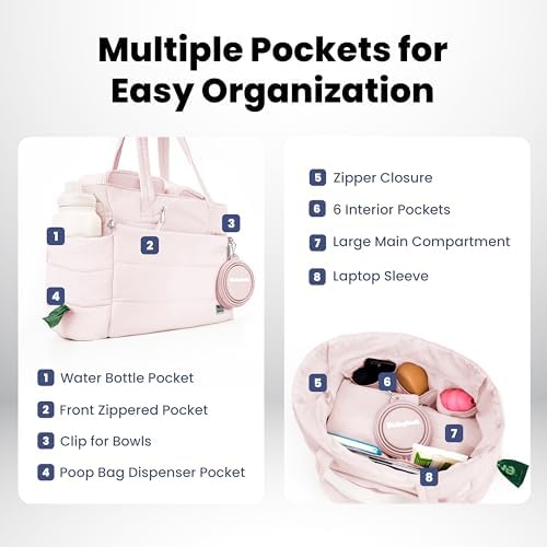 Rubyloo Dog Mom Bundle - Puffer Tote with Storage Containers (Pink) and Foldable Travel Bed (Foggy Trail Grey) - Travel Bag and Cozy Mat Set