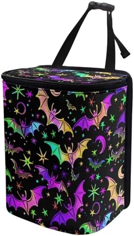 DISNIMO Colorful Bat Car Trash Can Car Accessories Organizer Garbage Bag Dustbin Container with Zipper Lid Waste Basket Storage Pockets Hanging Vehicle Trash Bin