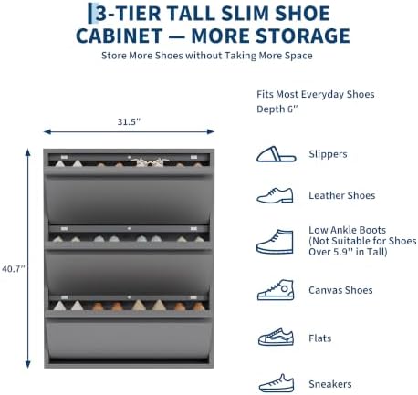 Garvee Slim Metal Shoe Cabinet with 3 Flip Drawers for Entryway, Dark Gray | Narrow Shoe Storage, Wall Mounted or Floor Standing, Detachable Bottom Corners for Flexible Placement, Anti-Tip Wall Mount