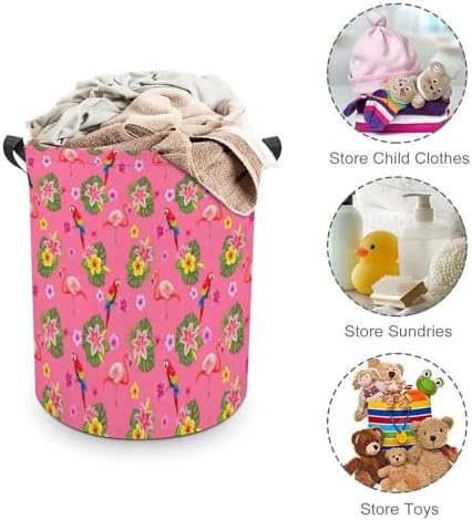 Portable Laundry Hamper with Handles Flamingos Flower Parrot Palm Pink Summer Holiday, Foldable Waterproof Clothes Basket for Bedroom, Nursery, and Bathroom Storage