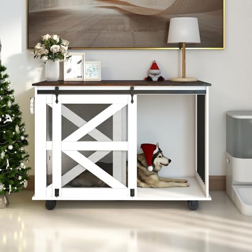 47.2" Mobile Dog Crate with 5-Caster System Brown White Easy Move & Ventilation Home Decor
