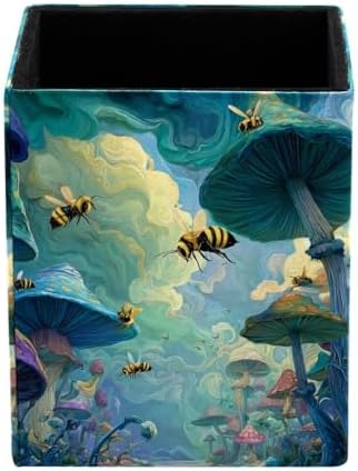 Bee Pen Holder for Desk Decor, Rectangular PVC Leather Pencil Cup for Desk Pen Organizer, Makeup Brush Holder for School, Home, Office