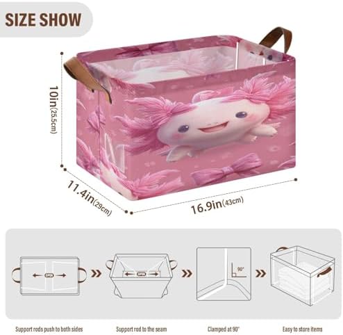 Axolotl Bows Kawaii Storage Bins Cute Pets Collapsible Storage Basket Box with Handles Organizer for Clothes Shelves Closet Cabinet Home Office, 1PC