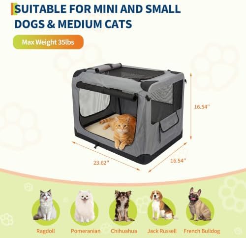 Collapsible Soft Dog Crate for Travel & Home - 3-Door Portable Kennel with Washable 600D Cover, Fleece Bed, Side Pocket, Safety Zippers - Medium Size