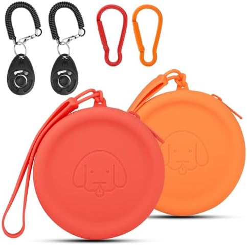 WALLFID Silicone Dog Treat Pouch Small Bag,2PCS Pet Walking Bag for Dog and Cat,Pocket Size,Easy to Clean,Odorless,Zipper Design,Moisture-Proof,Travel Walking Bag,Portable Training Bag. (Orange&Red)