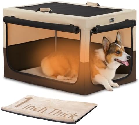PETSFIT Portable Dog Crate for Medium Dogs, – 30" Soft Dog Travel Crates with Lockable Zippers & Thicken Mat, Adjustable Patented Spiral Steel Frame, Collapsible Kennel for Indoor & Outdoor