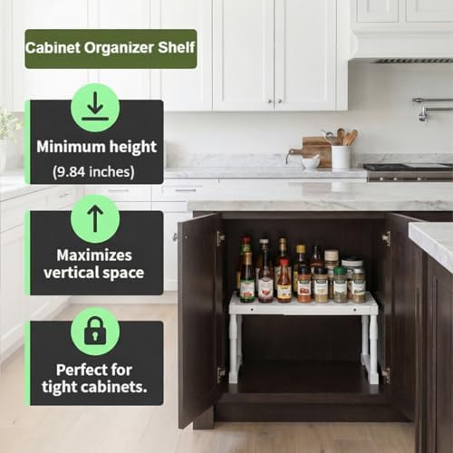Expandable Cabinet Shelf Organizer，Adjustable Kitchen Counter Shelf,Multi-Functional Stackable Kitchen Pantry Counter Storage，Applicable to Kitchen Bathroom Cabinet Shelves White 1 Pack