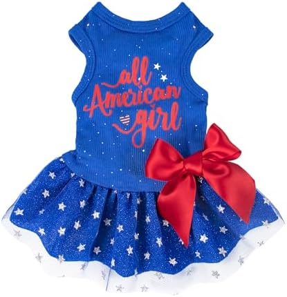Fitwarm All American Girl Dog Dress - Patriotic Tulle Dress for Small Dogs, Royal Blue, Red, White