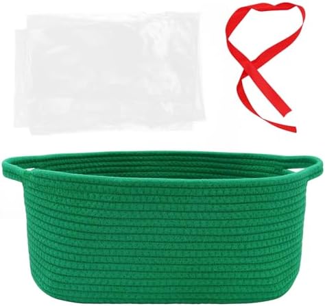 Woven Basket with Gift Bags and Ribbons, 14"X 10" X 6" Storage Basket Green | Gift Storage Organizer Basket Bin Shelf Shelves Cotton Rope Basket for Nursery, Pet Toys