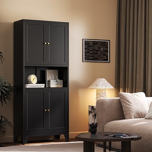 69"H Metal Storage Cabinet with Doors and Shelves,Tall Black Cabinets,Bathroom Storage Cabinet,Large Cabinets with Glass Doors and Adjustable Shelves,Cabinet for Bathroom, Living Room, Dining Room