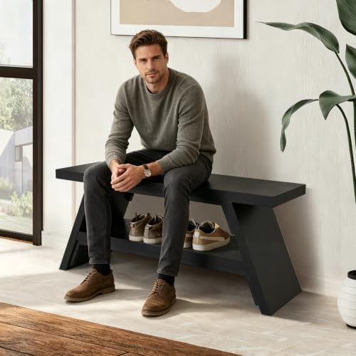 2-Tier Shoe Storage Bench, 40" Solid Wood Entryway Stool Storage | Narrow Shoes Racks for Entryway, Slim Minimalist Multi-Purpose Bench for Tight Spaces & Small Hallways