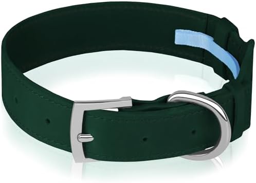 Leather Dog Collar with Airtag Holder - Apple Air Tag Dog Collars - Soft Tracking GPS Pet Collar for Small Medium Large Dogs Breed Puppy (Green, S, 9"-12" Neck Fit)
